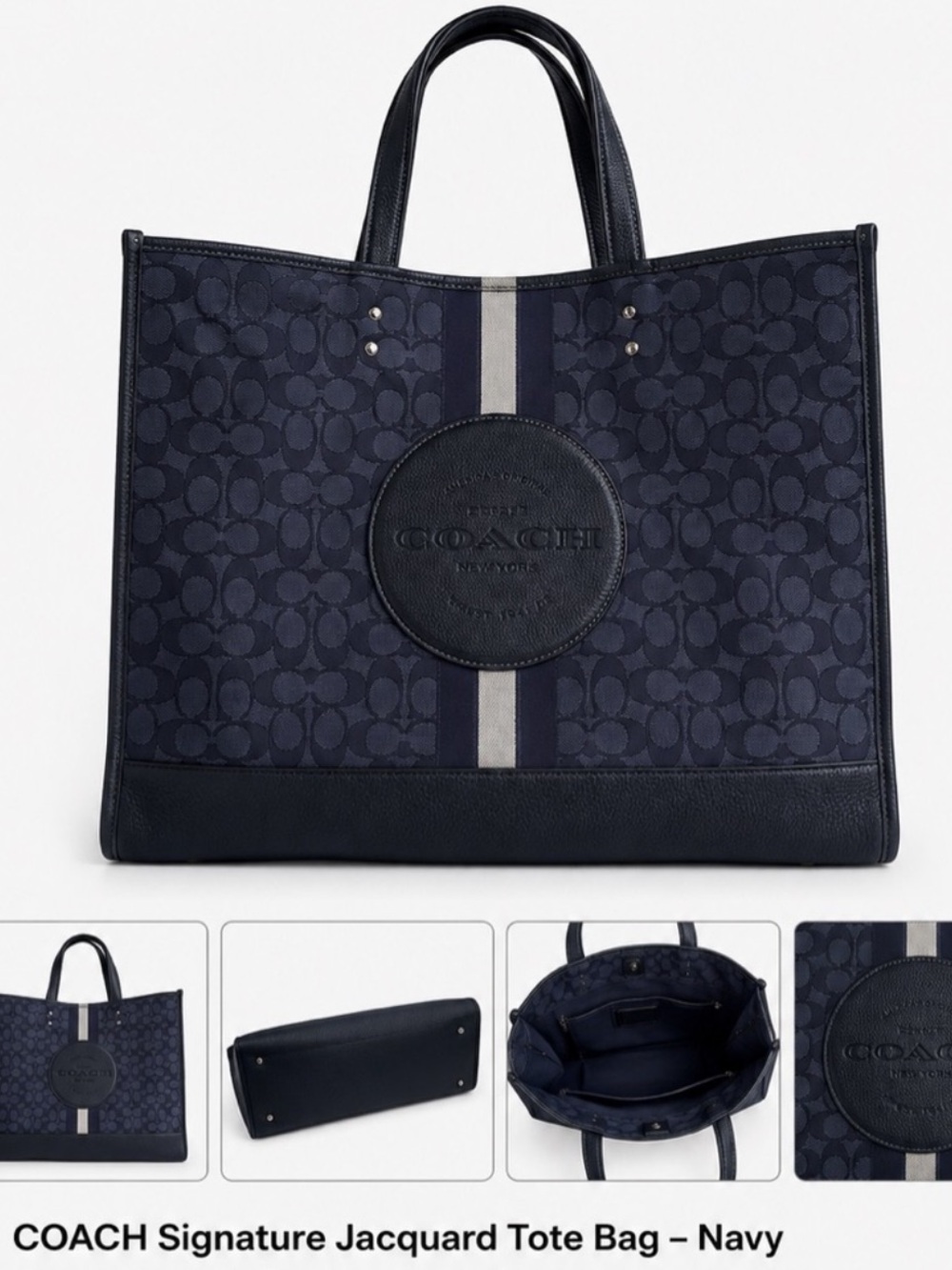 Coach Navy Signature Jacquard Tote Bag with Leather Trim & Center Stripe - Picture 2 of 11